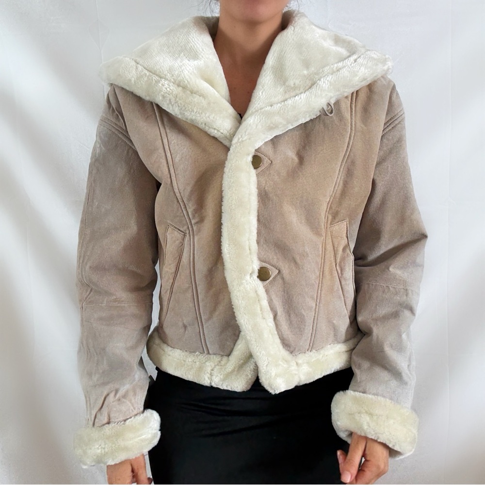 Vintage synergy leather fur trimmed coat new with tags deadstock cream tan S - Picture 2 of 6